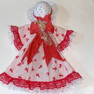 Charming Red and White Doll Dress with Hat Wall Decor Hand Craft